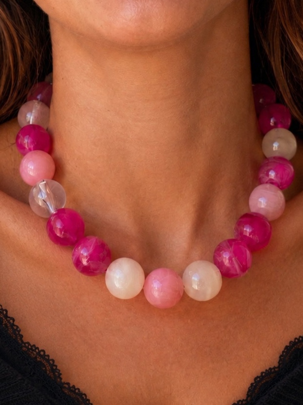 Chunky Pink Beaded Statement Necklace - Women's Jewelry